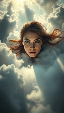 A beautiful eyes of a woman’s flying above swirling clouds, emerges from the heart of a raging storm. Turbulent winds of steam swirl around the louds lit by shafts of sunlight that cast dramatic shadows on the A beautiful woman High quality 16k cinematic scene and great photography
