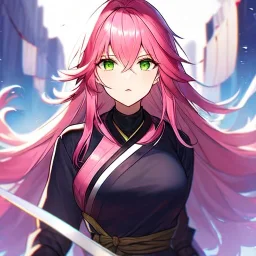 girl, masterpiece, best quality, volumetric lighting, dynamic pose, detailed outfit, perfect eyes, pink hair, green eyes, messy hair, long hair, ninja outfit,