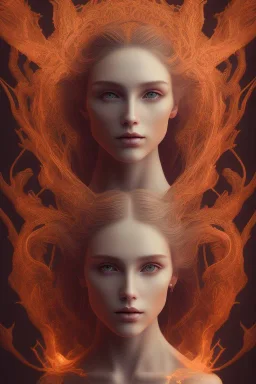 portrait photography of an ethereal beautiful animal goddess, Fire theme art, Dark moody night atmosphere, Portrait of a woman by Michelangelo, 8K, close-up face, anatomically perfect face, oak tree roots, ignore NSFW