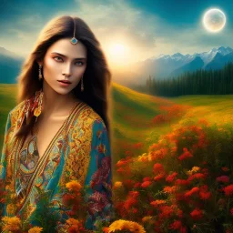 indigenous, beautiful portrait, flowery landscape, light, sun