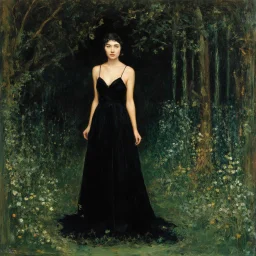 Night, one woman in black dress lost in the forest, flowers, vegetations, creepy, gloomy, doom metal influence, leopold von kalckreuth paintings, and william brymner paintings