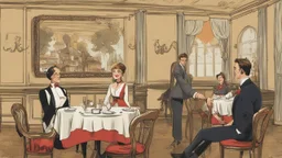 lady waiter in a restaurant and a man and his lady at a table