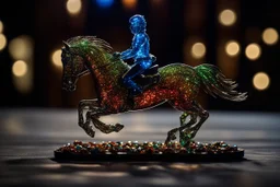 night, dark room, bioluminescent Coloured glass dynamically jumping horse set with gemstones, glittering metal stems and gemstone leaves on a room table sharp focus elegant extremely detailed intricate very attractive beautiful dynamic lighting fantastic view crisp quality exquisite detail gems and jewels S<AI Weight:1 Professional photography, bokeh, natural lighting, canon lens, shot on dslr 64 megapixels sharp focus Weight:0.9