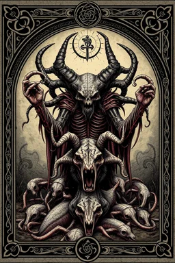 death tyrant beholder with dead animal horde framed with spiral keys and sigils and celtic symbols