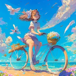 A girl is riding a bicycle on the beach. His cat is sitting in the front basket of the bicycle. Spring flowers can be seen everywhere. Beautiful blue sky with white clouds - kites in the sky. sense of peace. digital art, anime, 8k, full details, colorful, high resolution