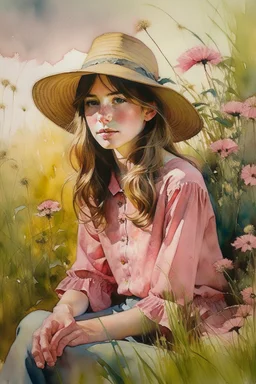 P: a young old-time cowgirl sitting in wildflowers and tall grasses, peaceful vision, wisps of hair around her face, straw hat, pink floral dress, muted colors, soft watercolor