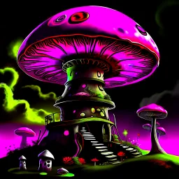 A fantabulous black, magenta and green (((mushroom tower house))) erected atop a (geologic pillar), surrounded by the uncanny imaginative ((( swirling skies))), offset by the stark hues of a (neon-tinged nebulous space scape), within. captured by the hand a skilled master painter with a focus on (softly blurred compositions and voluminous lighting).