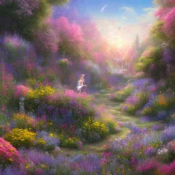 bright fairy in a flowery landscape synthwave,ultra high definition