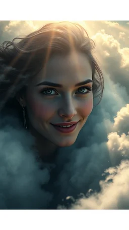 Bsosh paining style of beautiful eyes of a woman’s smiling? with a long earring above swirling clouds, emerges from the heart of a raging storm. Turbulent winds of steam swirl around the louds lit by shafts of sunlight that cast dramatic shadows on the A beautiful woman High quality 16k cinematic scene and great photography
