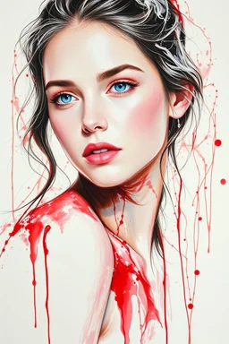 A beautiful young women painted with Liquid abstract white and red and painting,