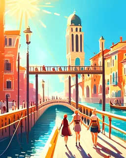 Ilustracion 2d de Venecia canal puente peatonal gente cielo soleado obra de arte 4k