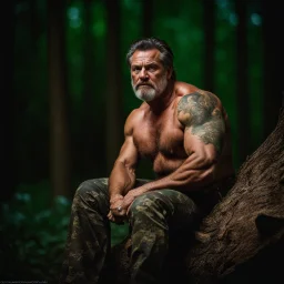 close up photography of an angry ugly 50 years old seated on a tree trunk in the wood in the dark night, strong beefy muscular , big shoulders, manly chest, bulging hunter camouflage trouser , shirtless, hairy , tatoo, 35mm lens, f/1.8,lit by bonfire , global illumination, frontal view from the ground