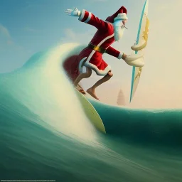 Santa surfing a big wave, surfboard, beach, character design by cory loftis, fenghua zhong, ryohei hase, ismail inceoglu and ruan jia. unreal engine 5, artistic lighting, highly detailed, photorealistic, fantasy