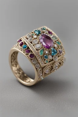 art deco inspired ring with jewels and intricate details