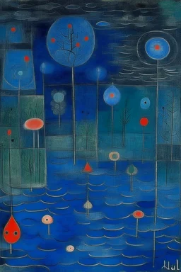 A dark blue precious pond with sprits painted by Paul Klee