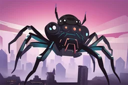 ilustración de una araña gigante sobre una ciudad en una ilustración al estilo de JOHN BERKEY