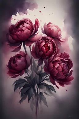 watercolor bouquet of burgundy peonies, without people, Trending on Artstation, {creative commons}, fanart, AIart, {Woolitize}, by Charlie Bowater, Illustration, Color Grading, Filmic, Nikon D750, Brenizer Method, Side-View, Perspective, Depth of Field, Field of View, F/2.8, Lens Flare, Tonal Colors, 8K, Full-HD, ProPhoto RGB, Perfectionism, Rim Lighting, Natural Lighting, Soft Lighting, Accent Ligh