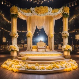 Hyper Realistic Beautiful Traditional Indian Wedding Stage decorated with different Yellow & White flowers & neon wedding lights at Night