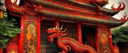 An orangish red fiery temple with a scorching dragon painted by Guo Xi