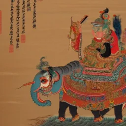 chinese god riding a detailed indian elephant painting