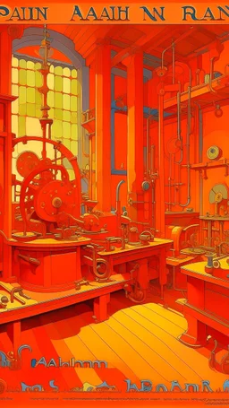 A salmon orange colored mechanical workshop painted by Paul Ranson