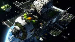 An old space station, now in disuse, floating adrift in the vacuum of space, with broken solar panels and plants growing inside