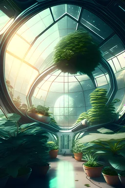 10k hyper realistic detailed luxury futuristic Greenhouse inside orbital space station, populated