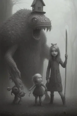 cute girl and litlle monster, Style John Kenn Mortensen,