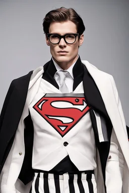 a guy like Clark kent on winter fashion runway with modern clothes inspired by Superman's emblem style, embroidery elegant fashion white tones