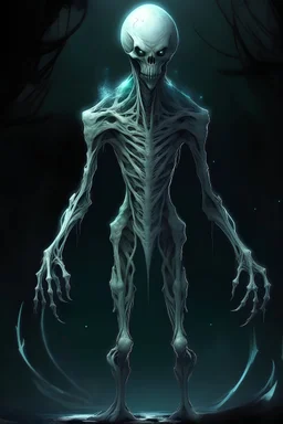 Certainly! Allow me to introduce you to a unique alien species known as the Spectral Boneborn. They are an ethereal and mysterious race, fascinatingly intertwined with eerie bones. Here's a description of their appearance: The Spectral Boneborn stand tall and slender, with an otherworldly grace in their movements. Their bodies are semi-translucent, as if made of shimmering mist, giving them an ethereal and ghostly appearance. Their skin, if it can be called that, is a pale, iridescent hue, remi