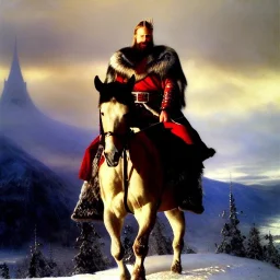 portrait of 'The Northman-Viking King on horse',ancient metal armor,castle,army, snow, cold, painting by gaston bussiere, greg rutkowski, yoji shinkawa, yoshitaka amano, tsutomu nihei, donato giancola, tim hildebrandt, evan lee,oil on canvas, cinematic composition, extreme detail,fit full head inside picture,16k