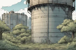 watertower, overgrown apocalyptic city background, comic book,