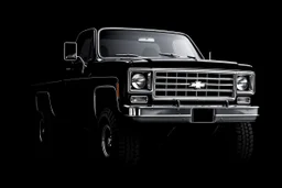 front corner 1973 Chevrolet square body truck 4x4 facing a little to the left, dark gray background, high contrast black and white vector