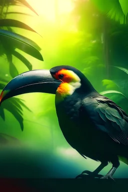 fotografía en doble exposición de un tucán y la selva en fondo nítido colorido