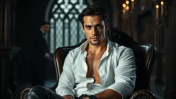 A breathtaking cinematic portrait of a handsome, muscular man around 35 years old sitting confidently in an elegant Victorian armchair inside a dark Gothic castle room. He has medium-length dark hair, dark eyes, subtle stubble, and an intense, determined gaze looking directly into the camera. His white shirt is partially unbuttoned, revealing part of his chest, with fitted black leather trousers, pale light, dark colors. in background a blur vampire voman stands in shadow, detalied, cinematic