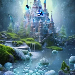 cristal angelic castle crystalline, beau , cosmic, opalescent, opalescent, gemstones, crystals, object, other worldly,water, rock, moss,bright, ice background, neige etang bleu