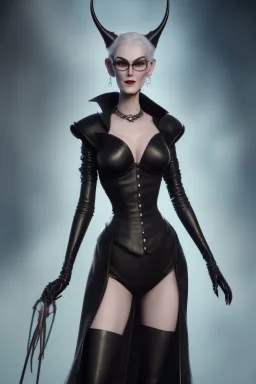 Carmen Dell`orifice as evil queen in black leather, leather, busty, cleavage, angry, stern look. character design by cory loftis, fenghua zhong, ryohei hase, ismail inceoglu and ruan jia. unreal engine 5, artistic lighting, highly detailed, photorealistic, fantasy