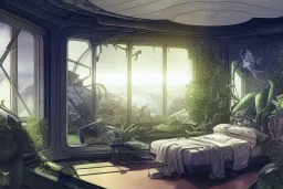 interior of a bedroom on a spaceship, in the background is large window showing a view of outer space, lush plants are spread around the room, intricate, elegant, highly detailed, smooth, sharp focus, detailed, high contrast, graphic novel, art by ardian syaf