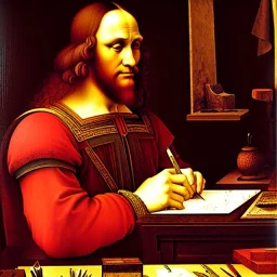 leonardo da vinci works on laptop at his desk. painting in photoshop. hyperdetailed, warm colors, movie poster, oil on canvas,