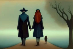 two people without gender seen from behind walking side by side in an empty foggy plain, above there is blue sky by artist "Leonora Carrington",by artist "Christian Schloe"