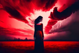 A dark sihlouette of a person floating among the beautiful haunting blood-red clouds