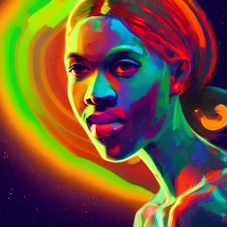 a vibrant colorful head and shoulders portrait of the continent africa, zoom out, immersive digital art experiences, glowing lights, magic details, by moebius, edward hopper, james gilleard, and james jean, hd, 8k, trending on artstation, uhd