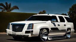 A sleek white shiny (((Customized gangsters lowrider cadillac escalade))), its contours and details perfectly captured in a (((cinematic view))), zipping along a winding road under a beautiful blue black morning sky