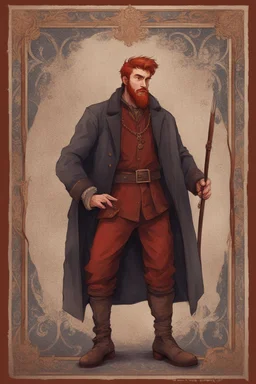 man, medieval, fighter, russian, croocked nose, czar, rich, simple clothes, short messy hair, thick beard, oligarch, leather coat with fur, brocade clothes, pencil drawing,red hair, muscles, background frame, 20 years old, medival leather boots