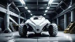 Futuristic white all-terrain vehicle inside hangar