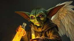 pin hole cam, master oil painting by Rembrandt, realistic rendering of crazy dark gremlin angel alien scientist holding a holy neon glowing super power tube gensis vial