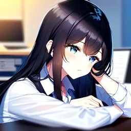 Clear focus, 8k, high quality, detailed, beautiful lighting, girl, vibrant colors, black long hair, vibrant blue eyes, sleeping at desk, office clothes,