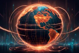 Cyberpunk illustration of global world connected by copper light lines