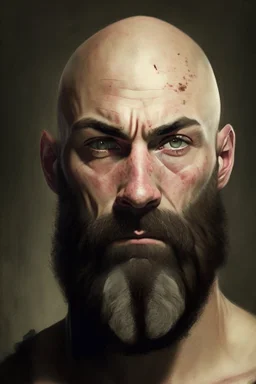 Portrait of a bald man, muscled, with quite-long brown beard, a black bandage on his left eye,