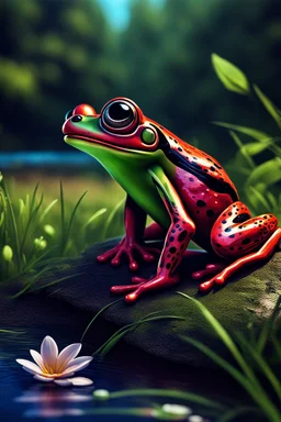 Create a captivating, high-resolution image of a leapfrog on a riverbank. The frog should appear almost hypnotic, with a gaze that directly engages the viewer as if it's looking into the camera. The artwork must be rendered in an 8k ultra-detailed cartoon style, showcasing vibrant colors and intricate details that bring the character to life